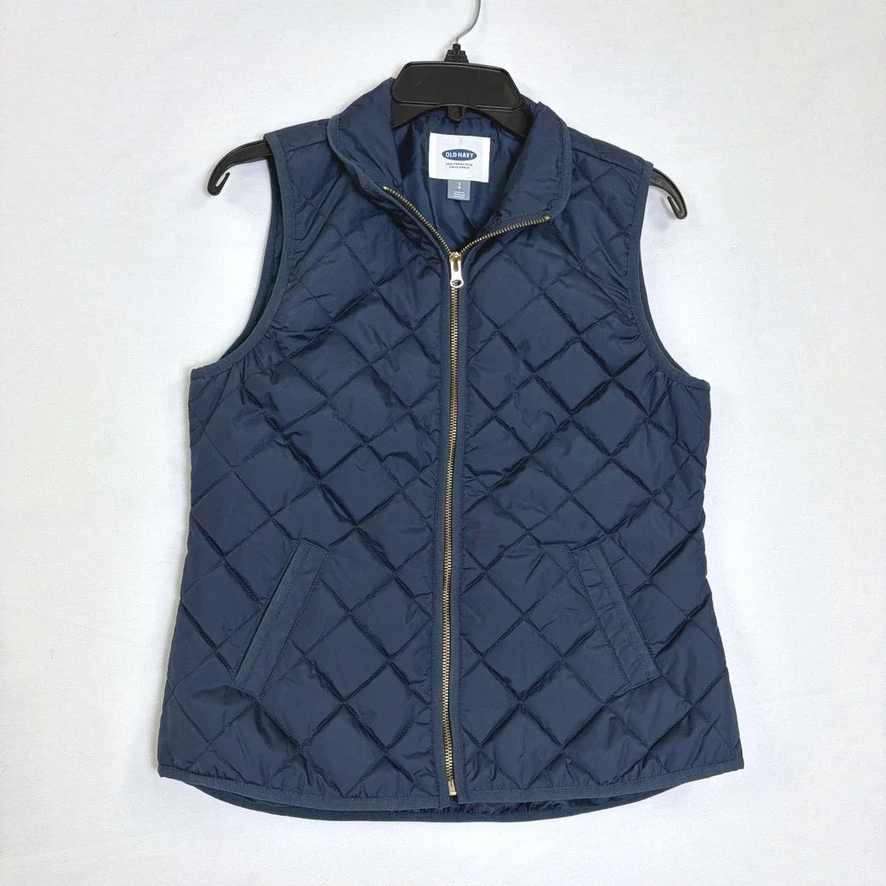 Old Navy Quilted Puffer Vest Bundle Lot 2 Olive Green Navy Zip Small Preppy - Picture 3 of 15